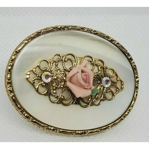 Pink Rose Marble Gold Tone 1.5" Pin Lapel Brooch - Picture 8 of 8